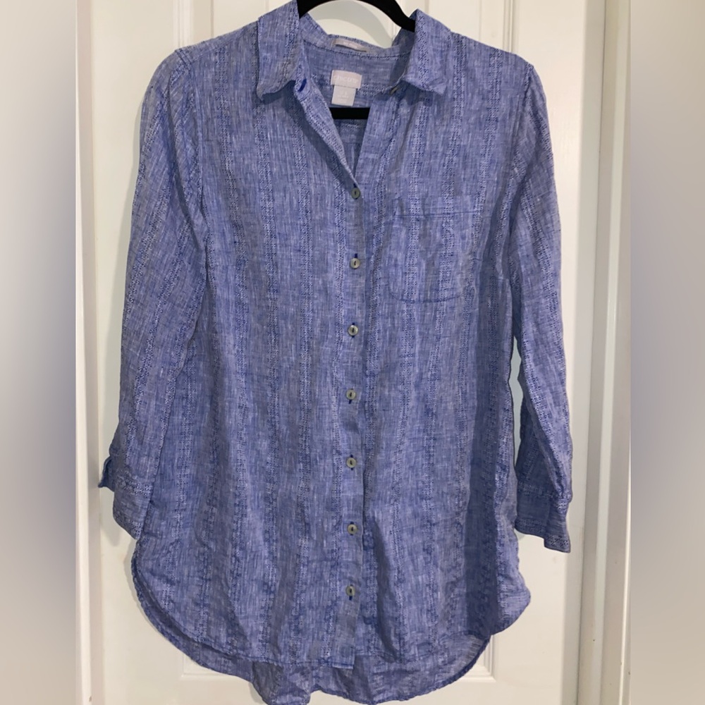 Chico's NO IRON Linen Indigo‎ Textured High Low Tunic
